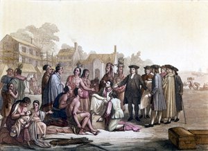 イングランドのクエーカー教徒であるウィリアム・ペン（1644-1718）は、アメリカのインディアンとの間で土地の獲得に取り組み、ペンシルバニア州とフィラデルフィア市の基礎を築いた - イラストレーション ジュールの「古今東西の衣装」より 作： Unknown artist