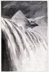 翼のある乗り物が滝を渡る、イラストジュール・ヴェルヌ「世界の支配者」19世紀後半 作： Unknown artist
