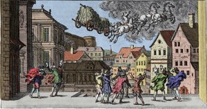 呪術と信仰：スカンジナビアの魔術師が、干し草を積んだ馬とその荷車を持ち上げるほどの強いテンペートを引き起こす。ヨハン・ザーン（1631-1707）の「Mundi Mirabilis Oeconomia」からの版画 作： Unknown artist