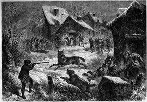 1860年12月31日、ブーシュ・デュ・ローヌ（13）のサリエ村での狼狩り。1861年1月12日の "Le Monde Illustré "196号に掲載されたエングレーヴィング。 作： Unknown artist