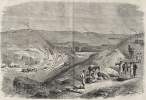 スエズ運河での作業 1864年 - 1864年に行われたスエズ運河の建設現場と掘削作業（シャルフ・トランシェ） -。 作： Unknown artist