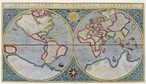 メルカトールの世界地図（1587年）-アムステルダムの「Gerardi Mercatoris Atlas sive Cosmographicae meditationes de fabrica mundi et fabricati figura」による。 作： Unknown artist