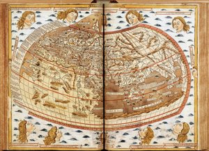 Claude Ptolemeeの世界地図です。人間の頭が空気を吹いているのは、それぞれの風を表している（名前が示されている）。ラテン語のジオグラフィア」ではBeatissimo Patri Paulo Secundo Pontifici Maximo.Donis Nicolaus".教皇パウロ2世に献上された地理学写本。M 作： Unknown artist