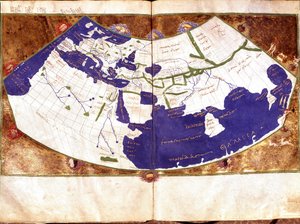 ギリシャの天文学者・占星術師であるクラウディウス・プトレマイオス（Claudius Ptolemaeus, 90-168 ap JC）の世界地図 - 北極と南極、アメリカ大陸を除いた平らな地球を表現したもの - 15世紀の手稿 - ヴェネツィア、ビブリオテカ・マルシアーナ 作： Unknown artist