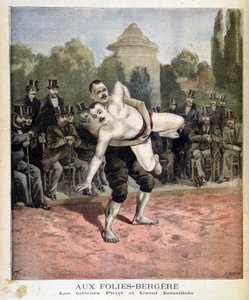 パリのフォリー・ベルジェールで行われたレスリングのピエリとウッスフ・イスマイヨロ。1895年3月31日のLe petit journalにて。