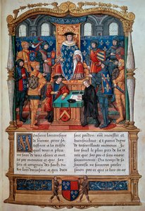 伝記の執筆"Philippe de Comines (Comynes or Comines) (1447-1511) dictates his memorials before Louis XI" Miniature taken from "Memoires de Philippe de Comynes" 1489-1498 Paris, B.N. 作： Unknown artist