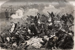 1274年、クビライ（クビライ・ハン、モンゴル元王朝（1215-1294）の初代皇帝）率いるモンゴル軍の侵攻を、頼母子と武士の軍勢が撃退したが、台風がモンゴル軍の船団を撃退して転覆させ、日本は助かった。 作： Unknown artist
