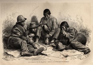 セロ・デ・パスコ（ペルー中央部）の若いインディアンが朝食に集まっている。L.Simoninが1860年に制作した「Les iles Chincha」の図版（Edouard Charton編『Le tour du monde, nouveau journal des voyages』に掲載）。 作： Unknown artist