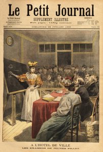 パリ市庁舎で試験を受ける若い女の子たち。1895年7月28日「Le petit journal」に掲載されたエングレーヴィング。セルバのコレクション。 作： Unknown artist