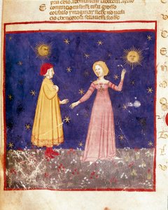 最初の天国。ダンテは楽園でベアトリーチェと出会う。ダンテ・アリギエーリ(1265-1321)の「神曲集」から楽園の歌を描いたイルミネーションページ。14世紀、ヴェネツィア、ビブリオテカ・マルチャーナ 作： Unknown artist