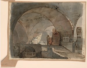素描、舞台美術、墓のある地下吹き抜け空間、19世紀初頭 作： 無名の画家