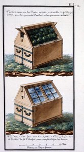 1.植物を詰めた箱の上にアーチ状の金網を置き、空気を供給することで植物を事故から守るための図。アーチ状の金網の上に置かれた、ガラスのフレームを持つ同じ本体の図：サービスの対象を満たすため。 作： Unknown artist