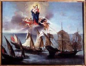 ガリオットと蛮族のハーフガレーに襲われるジェノバの船。Ex-voto 1796.Museo navale di Genova-Pegli.