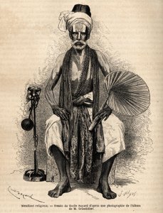 ヒンドゥー教の宗教的な物乞い。アルフレッド・グランディディエが1862年から1864年に行ったインドの子午線地域の航海を説明するためのエングレーヴィングで、1869年にエドゥアール・シャルトン編集の「Le tour du monde」に掲載された。セルバ・コレクション。 作： Unknown artist