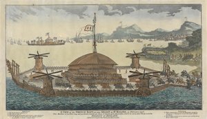 A View of the French Raft, as seen Afloat at St. Maloes, in February 1798. The machine is 600 Feet long and 300 broad, mounts 500 pieces of Cannon, 36 &48 pounders, and is to convey 15,000 Troops & for the Invasion of England.   1441698   ja       japanese