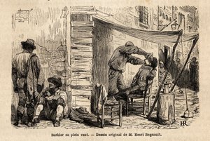 ローマの街で風に吹かれている床屋さん。フランシス・ウェイが1864年から1868年にかけて行ったローマへの航海を説明するためのエングレーヴィングで、エドゥアール・シャルトンの指揮の下、"Le tour du monde, nouveau journal des voyages "に掲載されています。 作： Unknown artist