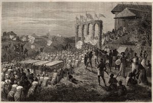 テテ（モザンビーク）の花嫁行列。1840年から1856年にかけて行われたリビングストン博士の南部アフリカへの最初の航海を描いたエングレーヴ。 作： Unknown artist