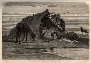 ボスニア北部の平原にある遊牧民ジプシーのキャンプ。ジョルジュ・ペロが1868年に行った南スラブ人との旅の思い出を示すための版画で、エドゥアール・シャルトン編『Le tour du monde』1870-1871に掲載されている。 作： Unknown artist