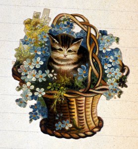 花のバスケットに入った猫19世紀のクロモリトグラフ。 作： Unknown artist