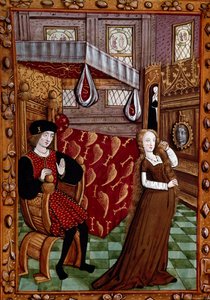 寝室にいるカップル、女性は服を着ている ミニチュア 「Histoire de Jean III de Brush et de son wife Louise de Laval」(ms. 1475, fol. 6r) シャンティイ、Musee Conde 作： Unknown artist