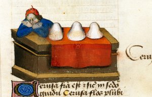 鹿の商人、化粧品への使用法 薬草の説明とその調合法Pedanius Dioscorides（ディオスコリデス）（西暦40～90年）の手稿ページ「薬草についての考察」（Tractatus de herbis）Lat.1152年 作： Unknown artist
