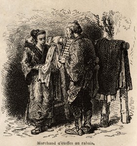 ディスカウント・クロス・ディーラーは、幼児を背負った若い女性に記事を作っています。1863年から1864年にかけて、スイス連邦公使のアイム・アンベールが日本への旅を描いたもので、「le tour du monde」に掲載された。 作： Unknown artist