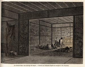 日本の旅館のドミトリー。1863年から1864年にかけての日本への航海を説明するために、スイス連邦公使のアイム・アンベールがエドゥアール・シャルトンの指揮のもとに出版した「Le tour du monde, nouveau journal des voyages」に掲載されたエングレーヴィング。 作： Unknown artist