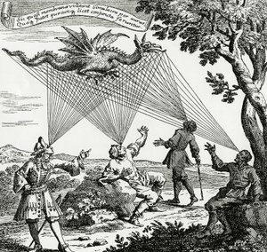 ザーンの「Oculus artificialis teledioptricus」の銅版画をもとに、さまざまな角度から見た龍を表現したもの。 作： Unknown artist