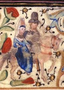 騎士とその女性。ペトラルカ（フランチェスコ・ペトラルカ）の手稿からの14世紀のフランスの照明。リミニ公会堂図書館。 作： Unknown artist