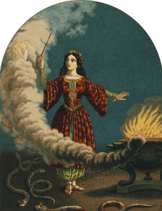 魔術師（魔女）が魔法の杖、大釜、蛇を使ってソルティレージュを準備している様子。1852年に描かれた版画 作： Unknown artist