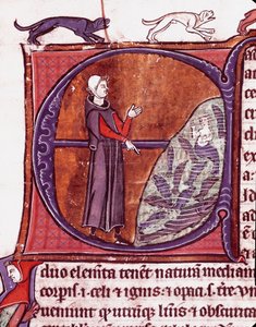 池の前にいる僧侶、池の中にはサイレンが表現されている。 Vincent de Beauvais (1184/94-1264) の写本「歴史的鏡」から取られたミニチュアの魚 13世紀 Laon, municipal library 作： Unknown artist