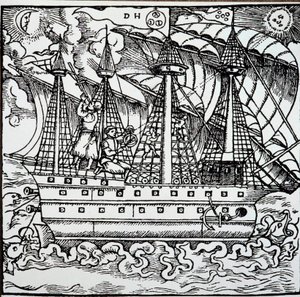 アストロラーベを使うポルトガルのカラベルの航海士。ドイツ人航海士ハンス・シュターデン（1525-1579）の旅行記からの挿絵 作： Unknown artist