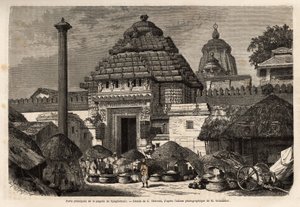 ベンガル地方南部の聖地・巡礼地であるジャガーノート・パゴダ（1200年頃建立）の正門前を歩く人気者。アルフレッド・グランディディエが1862年から1864年に行ったインドの子午線地域の航海を説明するためのエングレーヴィング。 作： Unknown artist