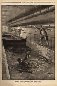 パリから来たセグッターは、牙のような派生物を掃除して溺れてしまう。Le petit journal" 15/9/1899に掲載されたエングレーヴィング。セルバ・コレクション。 作： Unknown artist