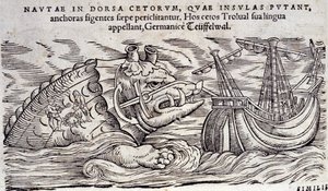島と混同しているクジラ。二人の人間が海の怪物の背中に火をつけている。コンラッド・ゲスナー(1516-1565)によるエングレーヴィング n Historia Animalium, Tiguri