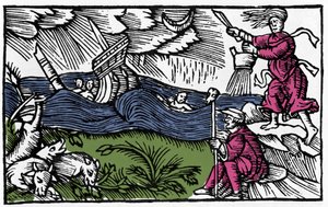 オラウス・マグヌスの "Historia de gentis septentrionalibus "の後、魔女がテンペテを起こしている（1555年、ローマ 作： Unknown artist