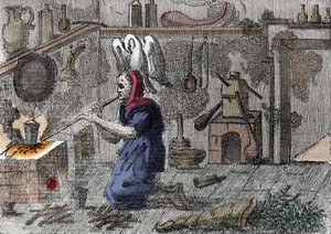 魔法の薬を準備する実験室の魔女、右は魔法のハーブが入った角笛。16世紀のエングレーヴィング 作： Unknown artist