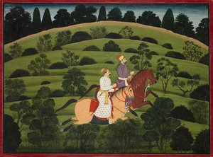 Akrura Rides Toward Dwarka、大きな Basohli Bhagavata Purana のページ 作： Unknown artist