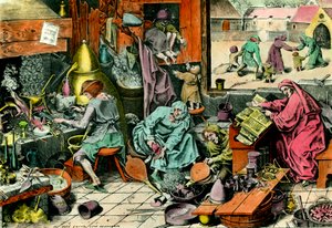錬金術研究室 魔導書を調べる錬金術師。16世紀のエングレーヴィング 個人蔵 作： Unknown artist
