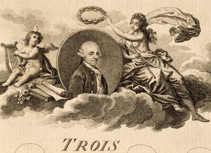 フランツ・ヨーゼフ・ハイドン（1732-1809）の「3つの四重奏曲」作品75、第1巻の楽譜のタイトルページにある「アレゴリー」。 作： Unknown artist