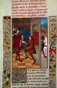 ルイ11世(1423-1483)とリエジョワ家とのシャルル・ザ・テメレールに対する同盟関係 ミニチュア「モンストレのエンゲラン年代記」1465年パリ、B.N. 作： Unknown artist