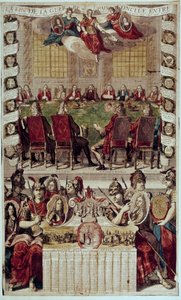 企業情報： 1713年4月11日にフランス（ポリニャック枢機卿）とイギリスで調印されたスペイン継承戦争を終結させるユトレヒト条約の表現。1714.パリ、B.N. 作： Unknown artist