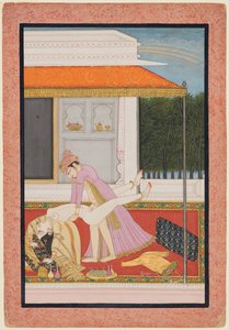 好色なカップル、おそらくバソーリのラジャ・マヘンドラ・パル (r. 1806–13) とお気に入りの女王 作： Unknown artist