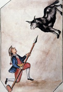 トルヒーヨ司教バルタサル・マルティネス・コンパニオン・イ・ブジャンダ（1782-1785）の著書「トルヒーヨ・デル・ペルー」（Códice Martínez Compañón）に登場する、槍で雄牛を指し示すインディアン。 作： Unknown artist
