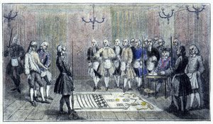 1740年頃のパリの見習いロッジ：フリーメイソンの「見習い」を迎え入れるシーン（床には見習いロッジの絵が描かれている）-当時の刻印によると。 作： Unknown artist