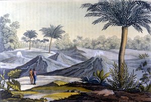 エクアドルのトゥルバコ近郊で、フンボルトにバルカンティートスを見せる先住民の男性。アレクサンダー・フォン・フンボルト（Alexandre de Humboldt）の著書より 作： Unknown artist