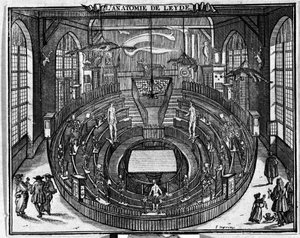 17世紀末、ライデン大学の解剖学劇場。 作： Unknown artist