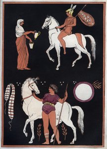 古代ギリシャ - 馬に乗る方法 - 「宇宙のすべての人々の用途と習慣」の彫刻。Or History of the Government, Laws, Militia, Religion of All Nations from the Remotest Times to the Present Day" 1856年 作： Unknown artist