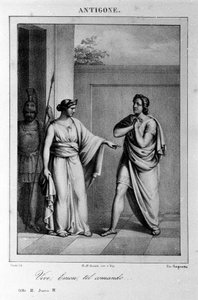 アンティゴネ』第1幕第3場。1783年にヴィットリオ・アルフィエリがギリシャ神話を題材に書いたイタリアの悲劇。18世紀のエングレーヴィング。 作： Unknown artist
