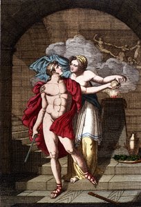 アリアンヌはテセウスに糸を渡し、彼が迷路から抜け出せるようにする - in Dizionario mitologico 作： Unknown artist